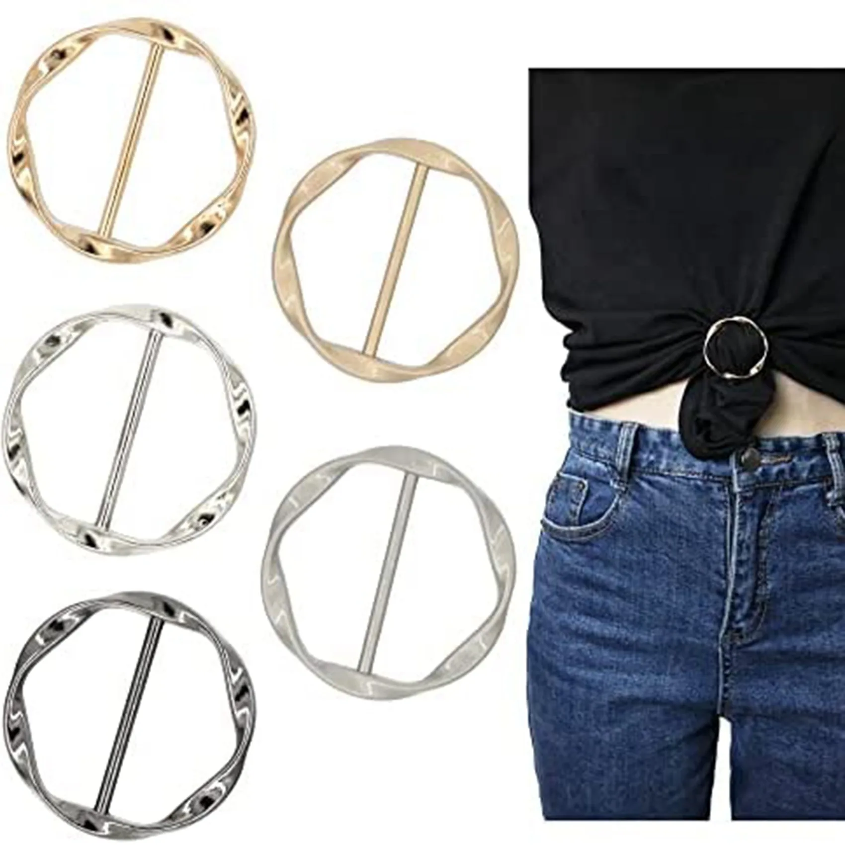 5PCS Scarf Ring Clip Tie Ring Clips for Women Fashion T-Shirt Twist Knot Clip Buckle Circle Clothing Ring Wrap Holder