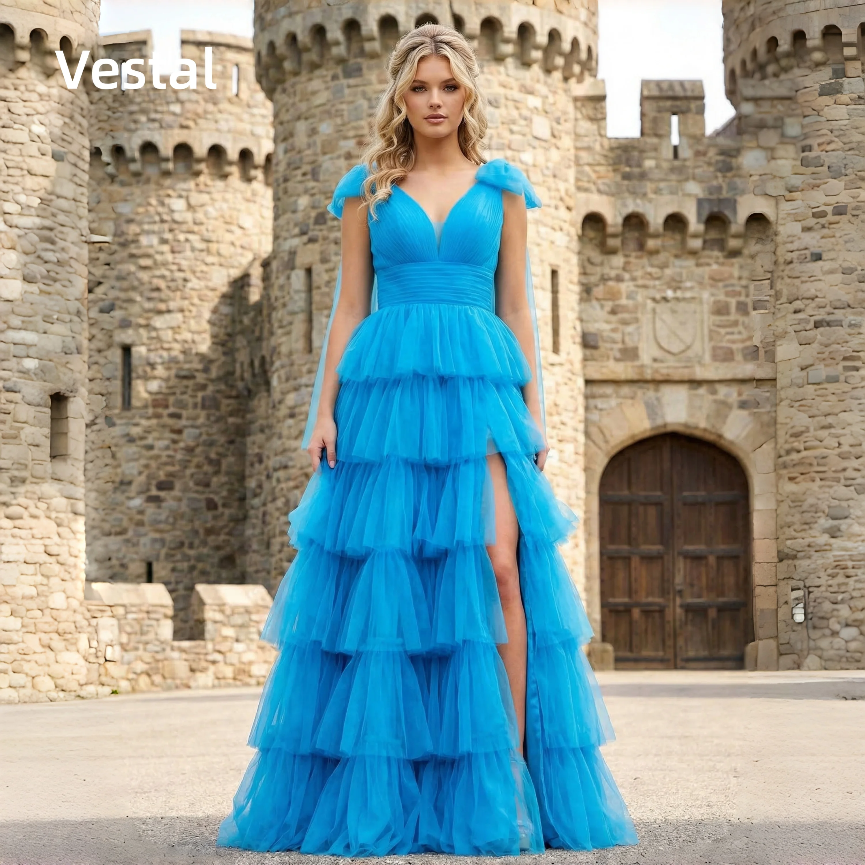 Gorgeous V Neck Tiered Tulle Bright Blue Prom Dress High Slit Formal Evening Gown Customized