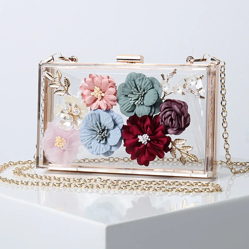 

Fashion Transparent Clutch Bag Women Sweet 3D Flower Acrylic Bag Clear PVC Purse Prom Party Square Bright Handbag with Chain