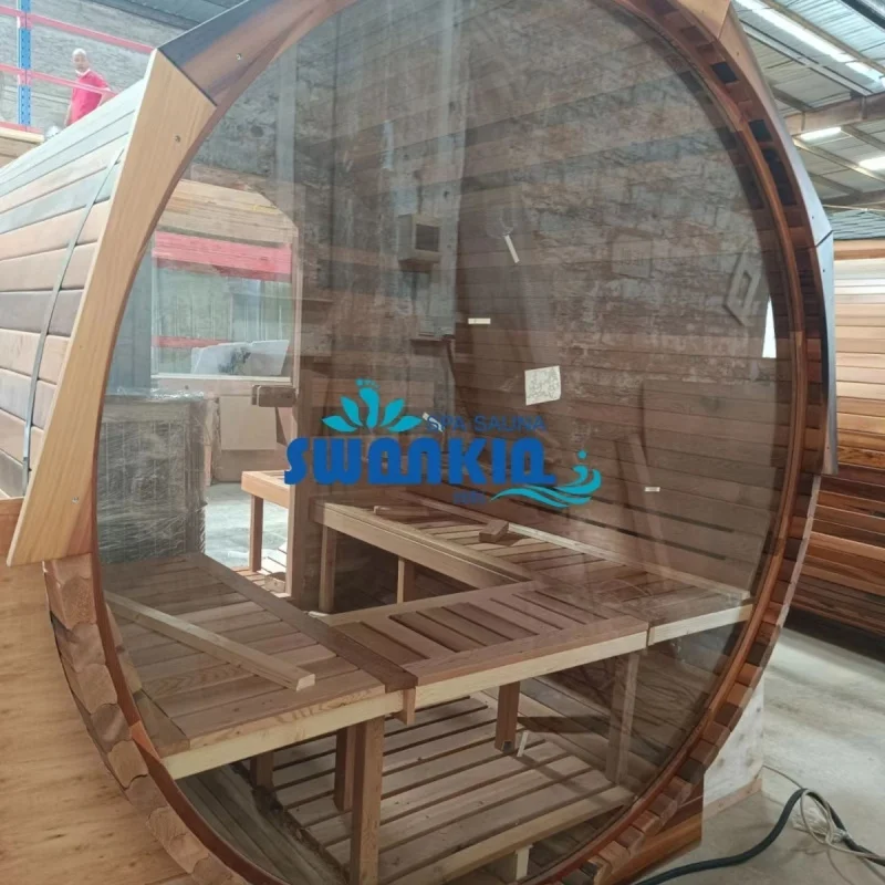 

Custom. Factory Customized Panoramic Glass Window round Sauna Room, Outdoor Sauna Room, Far Infrared Light Wave Room