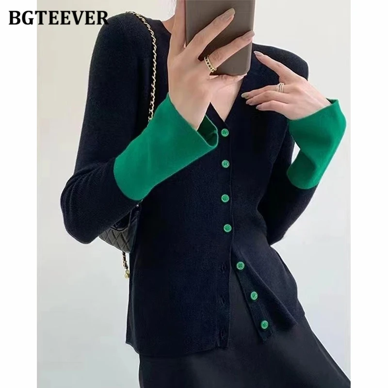 BGTEEVER Autumn Slim V-neck Ladies Knitted Cardigans Stylish Patchwork Long Sleeve Single-breasted Sweaters for Women