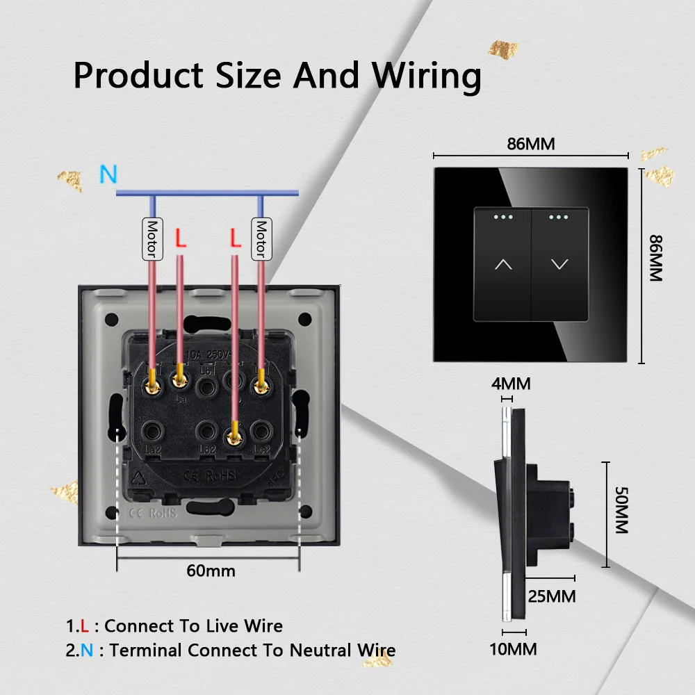 TAWOIA Normal Curtain Push Button Switch EU Glass Frame Motorized Roller Blinds Shutter Switch Automatic Rebound Reset switch