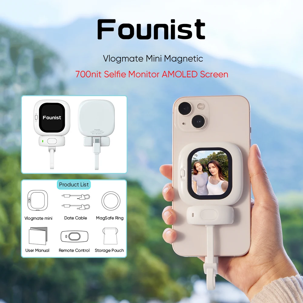 شاشة Founist Vlogmate Mini AMOLED شاشة مراقبة سيلفي مغناطيسية جهاز تحكم عن بعد 700nits لهاتف iPhone 5-12 13 14 15 16 Pro Vlog