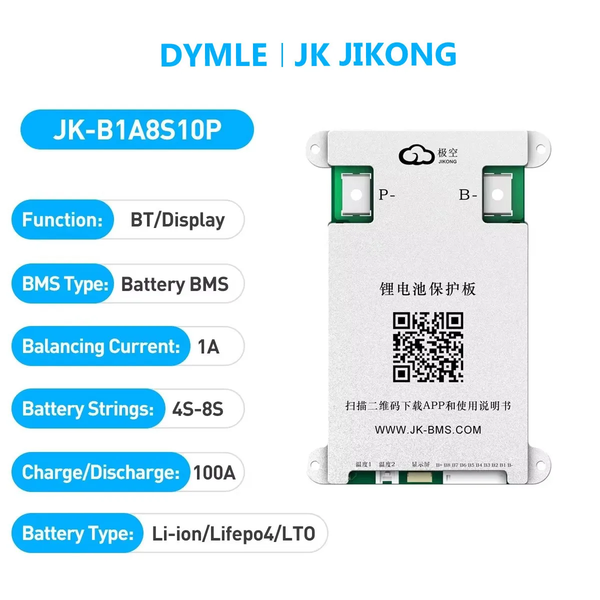JK JIKONG B1A8S10P BMS actif intelligent 4S 5S 6S 7S 8S Li-ion Lifepo4 LTO 12V 24V 1A BMS à équilibrage actif 100A Charge et décharge BT