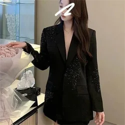 Senior Heavy Industry Suit Jacket Women's Spring and Autumn 2024 New One-button Long-sleeved Coat Slim Suit Shiny Rhinestone Top