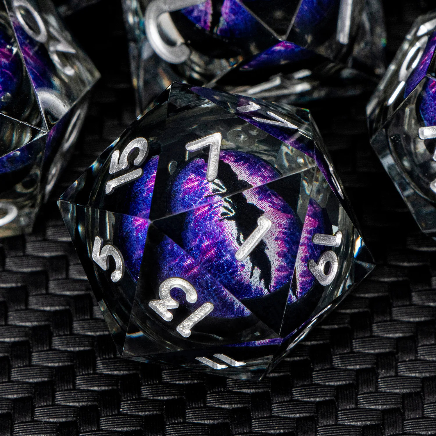 Dnd D20 Black Purple Liquid Flow Eye Dice Set & Ring D and D Sharp Edge Dice For Dungeon and Dragon Pathfinder Role Playing Game