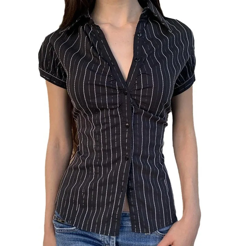 Faionable Commuter Gestreifte Farbe Blo Button Bubble Sve irt Sexy Fene lectual Plissee Brustvergrößerungsbluse