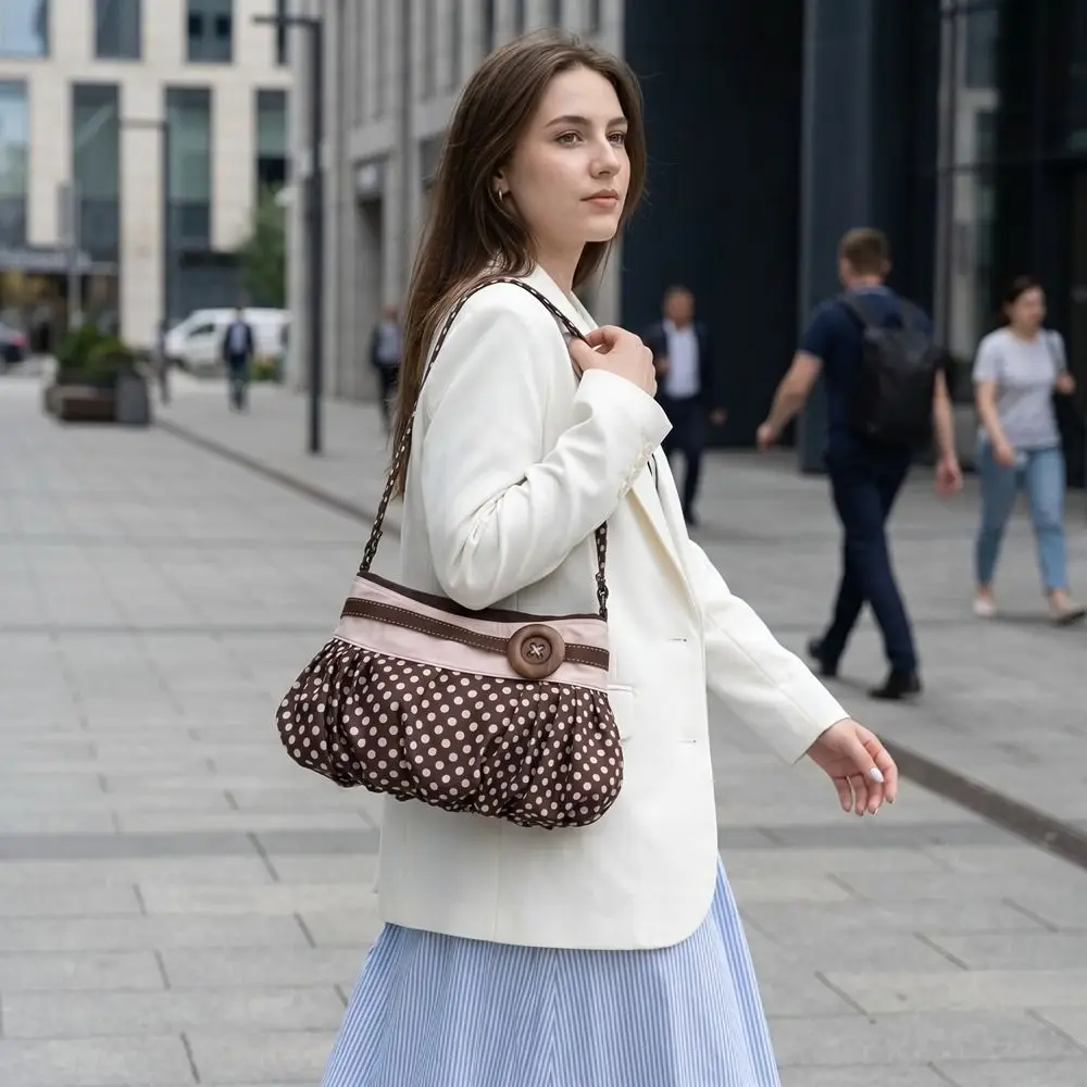 

Casual Korean Style Polka Dot Shoulder Bag Retro Cute Pleated Underarm Bag Fashion Simple Canvas Tote Bag Travel Bag