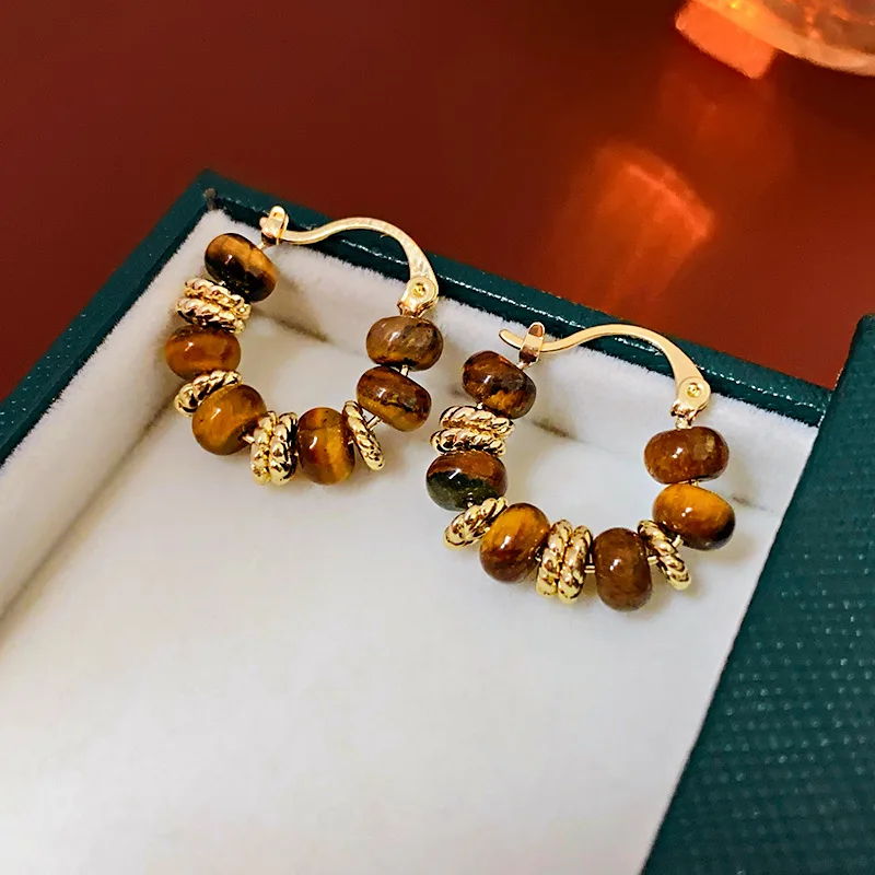 

European and American Style Round Tiger's Eye Stone Earring Retro Girl Earrings with A High-end and Elegant Charm