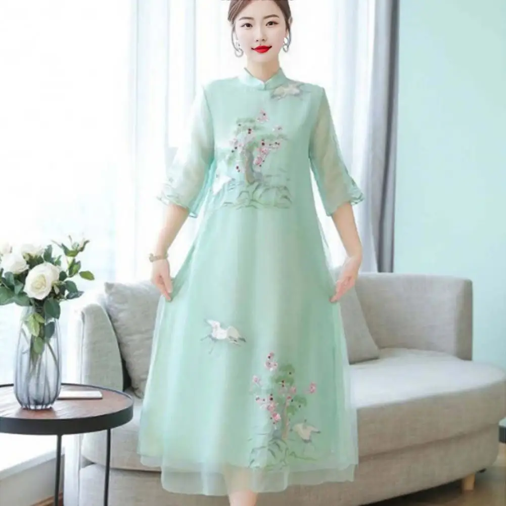 

Lady Qipao Chinese Retro Style Ethnic Embroidered Qipao Dress Elegant Double-layered Midi for Party Banquet Formal Occasions