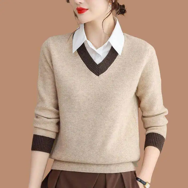 High-End Long Sleeve Knitted Base Shirt Women's Pure Color Block Design Fashionable Autumn Winter Pullover Top