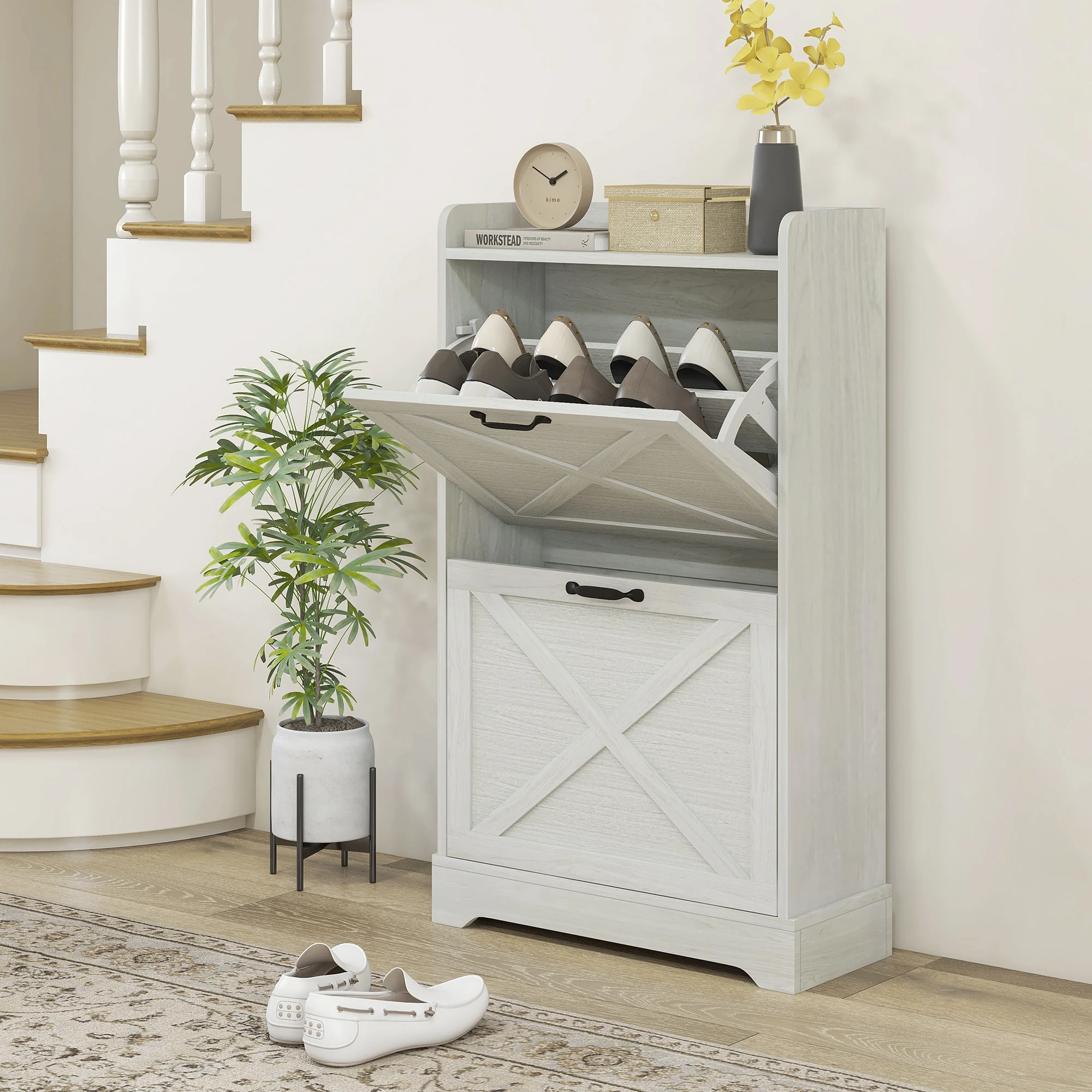Slim Shoe Cabinet for Entryway, Farmhouse Hidden Shoe Storage Cabinet with 2 Flip Drawers and Adjustable Shelves for 8 Pairs of Shoes, Distressed White