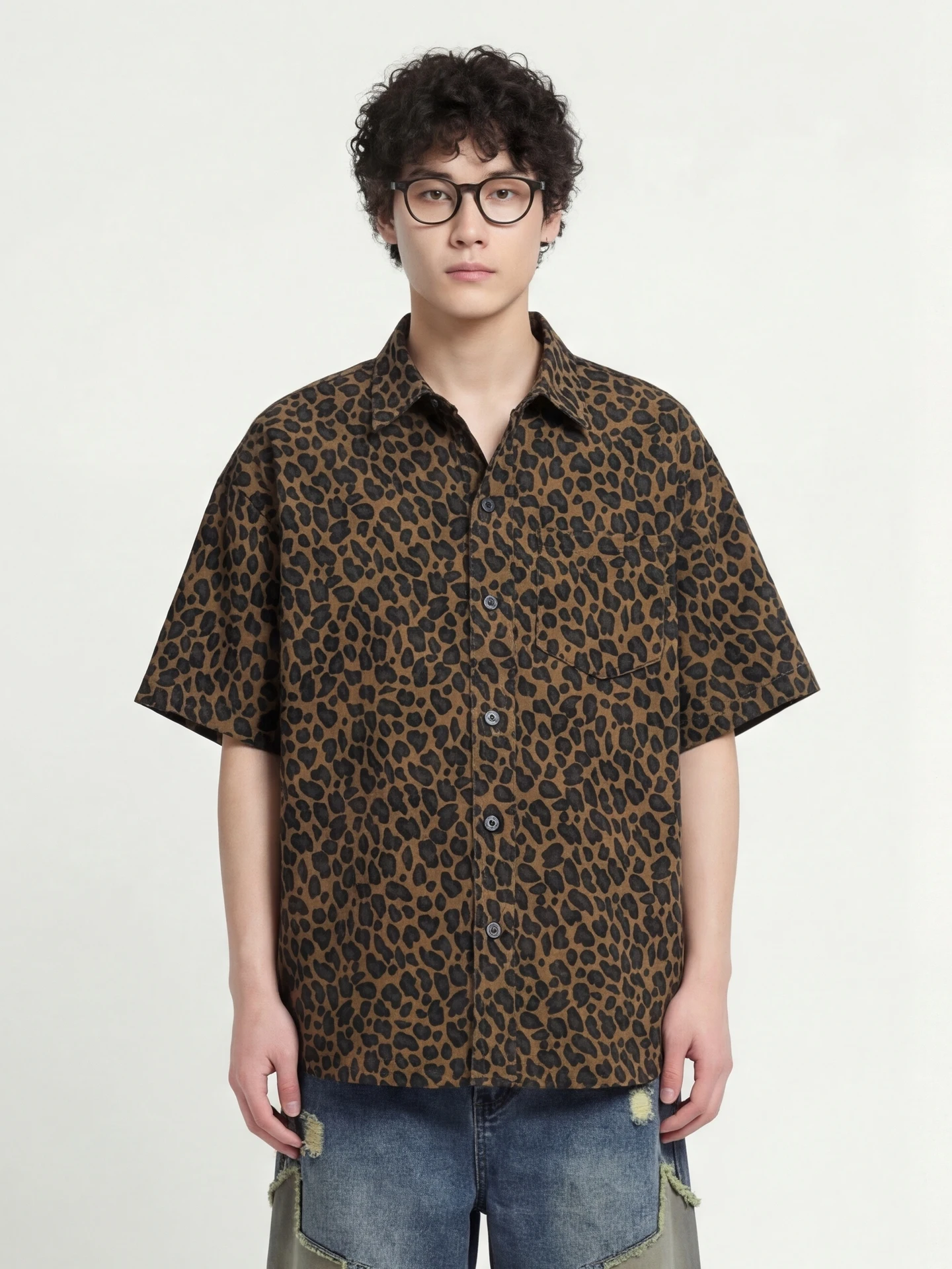 

Свободная повседневная рубашка унисекс с леопардовым принтом от бренда Romantic National Trend BF, универсальная, из хлопка.