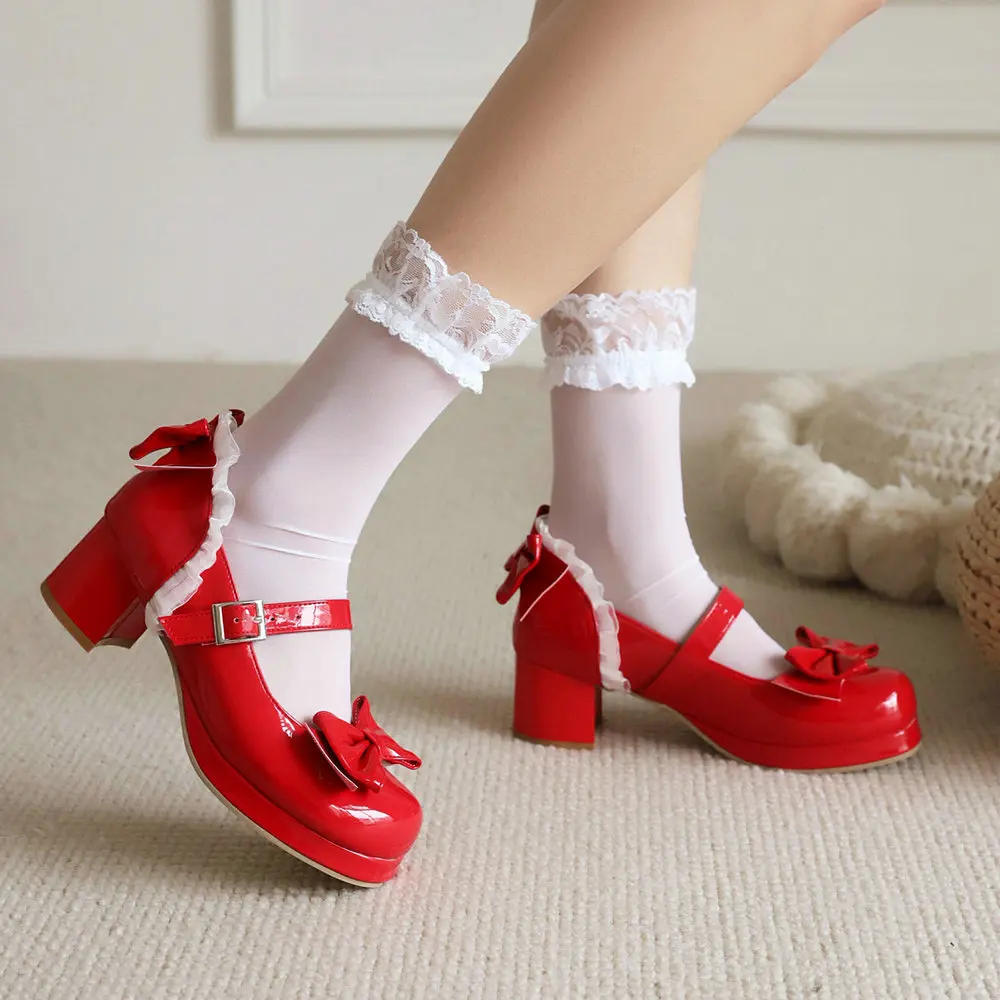 Patent Leather Women Lolita Shoes Platform Mary Janes Gothic Ankle Strap Round Toe Chunky Heel Uniform Dress Pumps Lace Bow