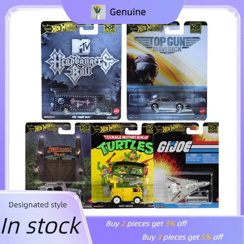 Hot Wheels-Juego de coches modelo de vehículo fundido a presión, escala 1:64, TMNT Jurassic Park Gi Joe Porsche Jeep Pop Culture, coleccionables