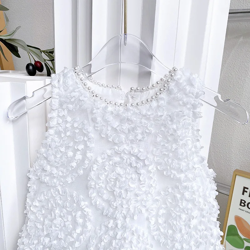 Girls Dress Summer Girls Solid Color Three-dimensional Flower Pearl Collar Back Bow Princess Dress  Ropa De Niña  Vestidos