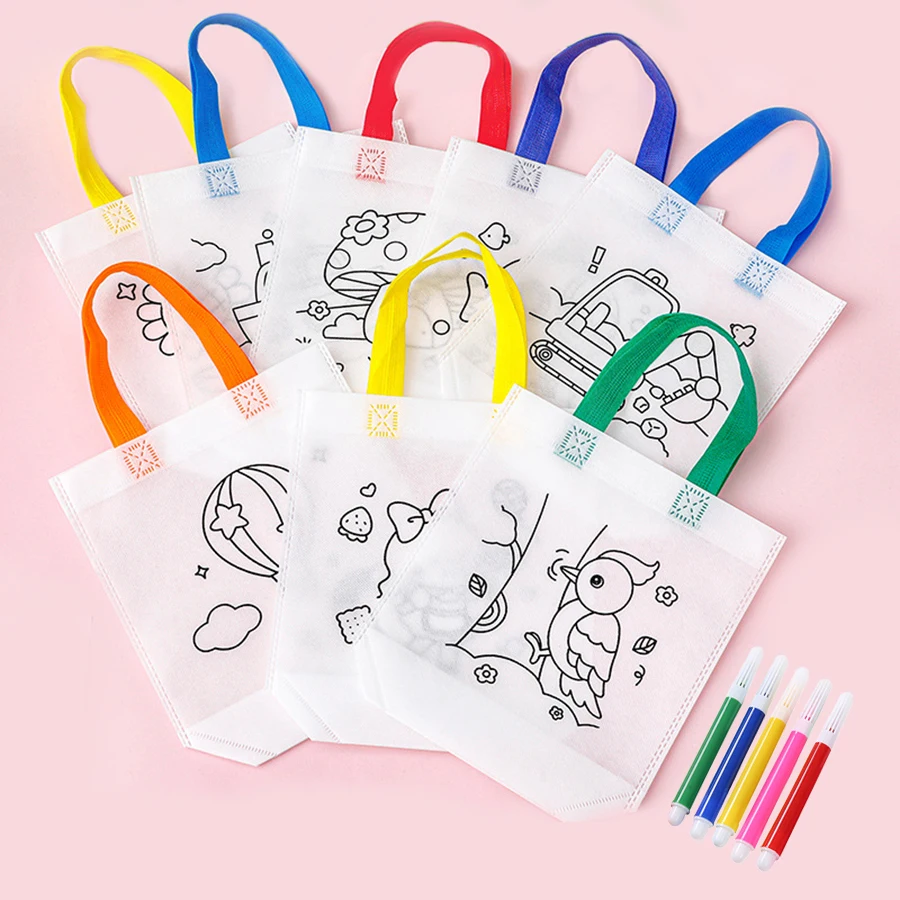 10PCS PDIY Graffiti Bag with Coloring Marker Carnival Animal Art Party Goodie Bags for Kids Reusable Mini Non-woven Shopping bag