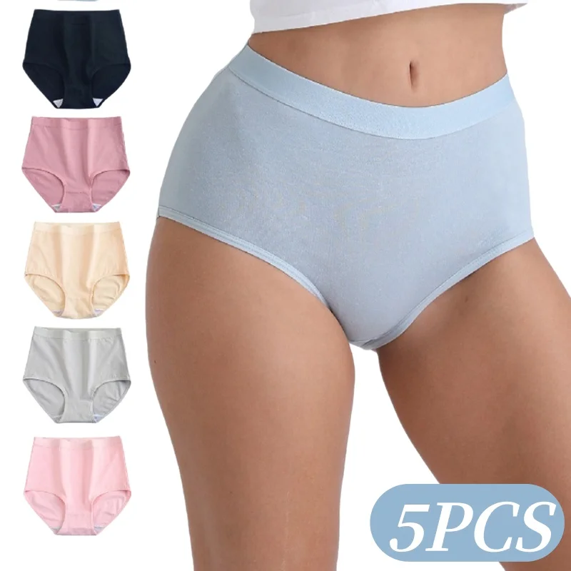 5Pcs/Set Women Cotton Panties High Waist Tummy Control Panties Solid Color Underwear Female Underpants Sexy Lingerie M-3XL