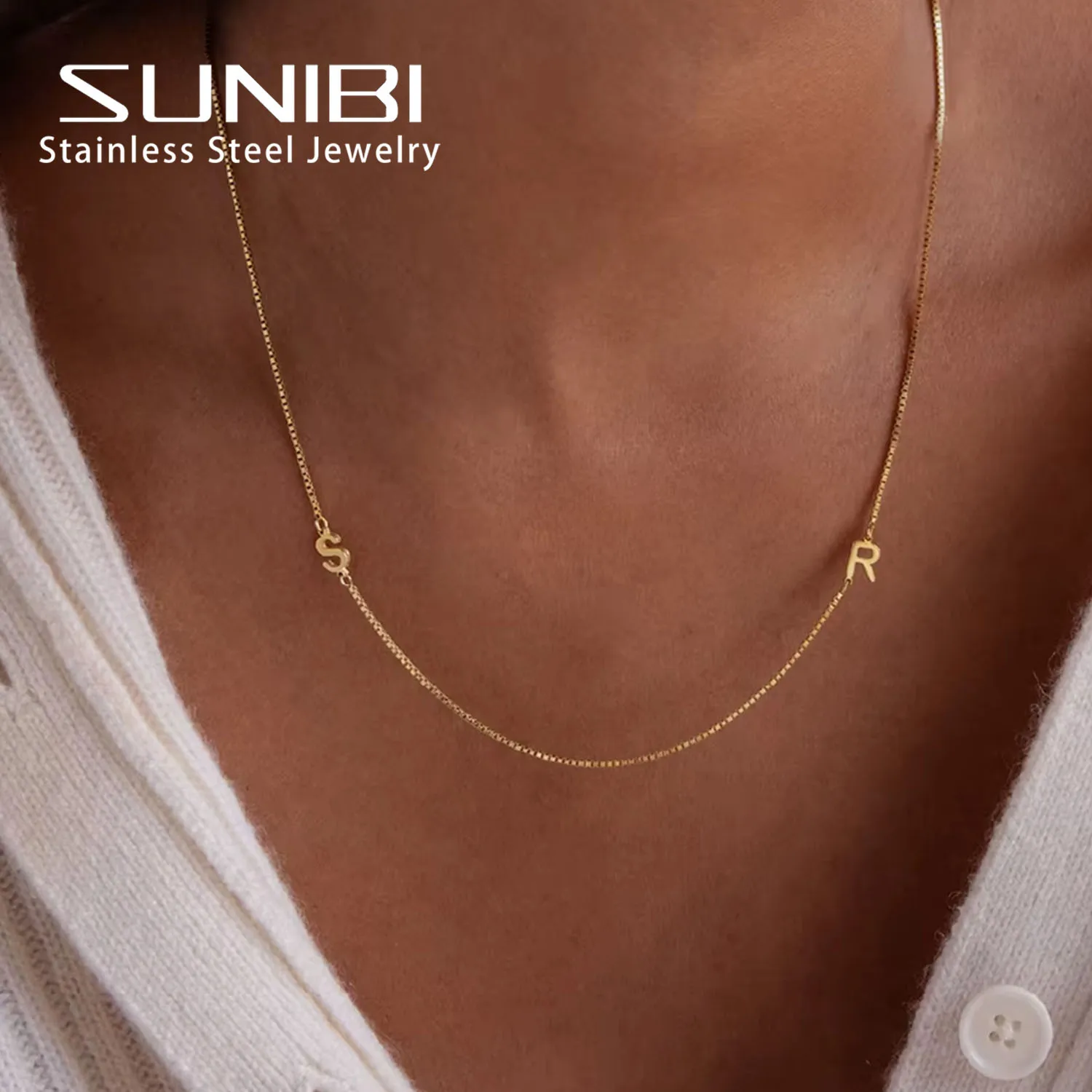 

SUNIBI Stainless Steel Minimalist Jewelry Personalized Side Letter Asymmetric Initial Necklace Fashion Box Chain Wholesale
