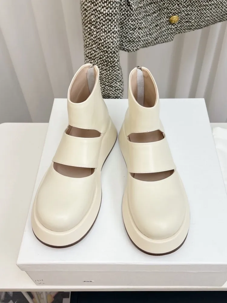 Women British Style Hollow Out Genuine Leather Ventilate Ankle Boots Round Toe Zipper Flat Heel Comfortable Shoes Vintage Boots