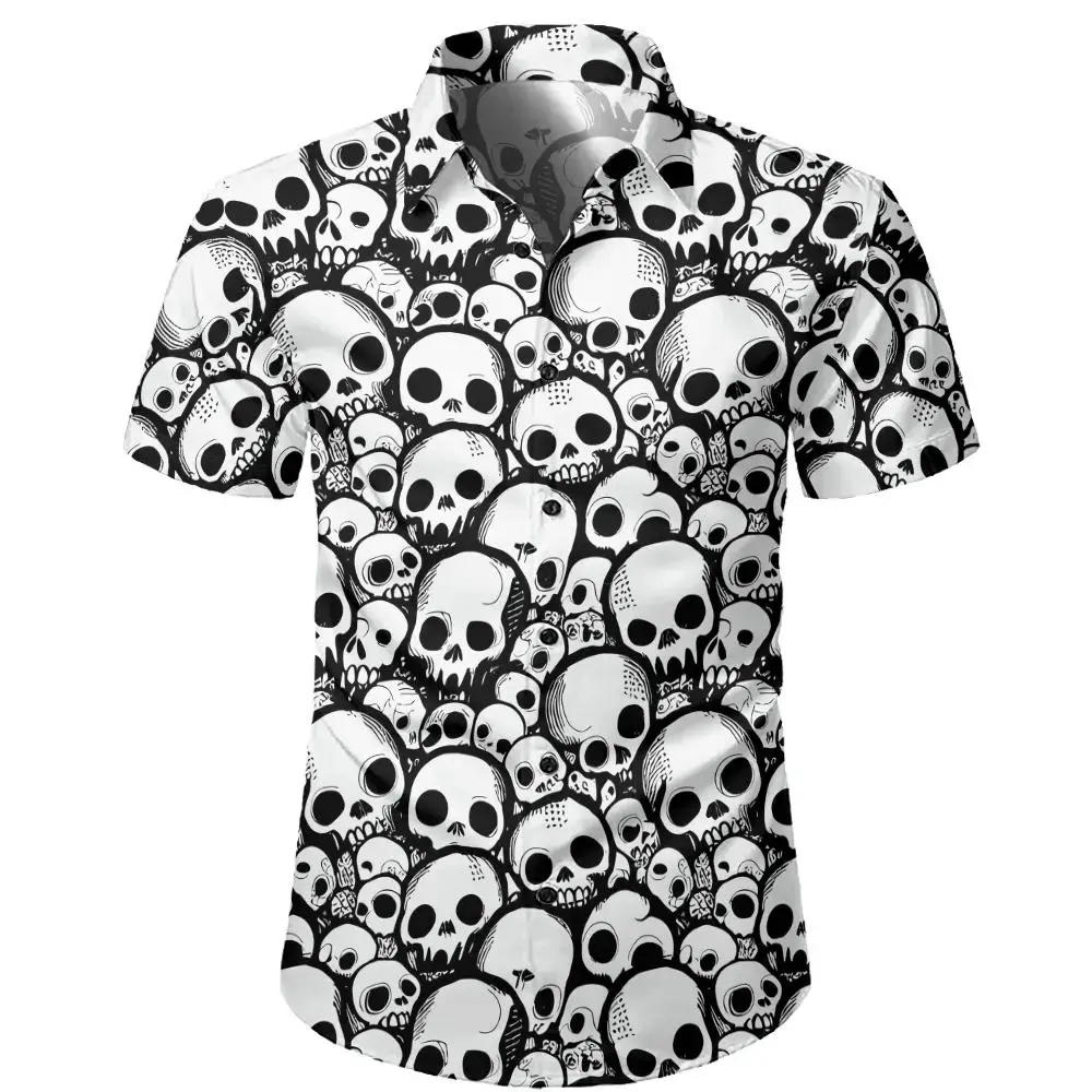 Men\'s Skull Shirts Casual Short Sleeve Shirt For Men Summer Black White Printed Men\'s Clothing Loose Oversized Lapel Shirts Top