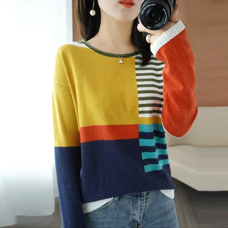 

Vintage Striped Patchwork Knitted Sweaters Women's Clothing Spring Autumn Stylish Contrasting Colors Korean Loose O-Neck Jumpers