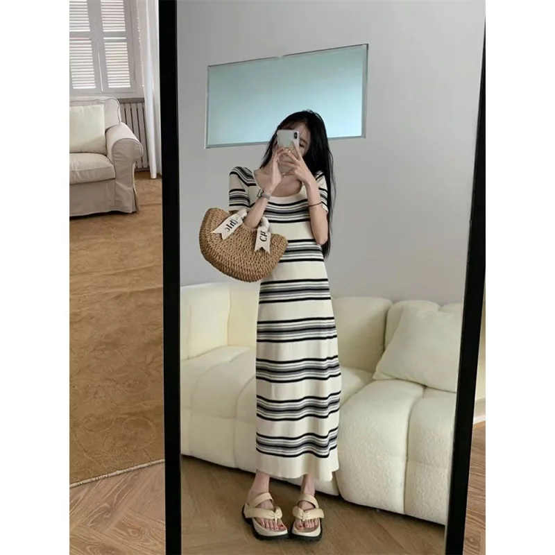 Slim Fit Midi Dress Women Summer Thin Knitted Retro Waist Cinched Short Sleeve Striped Dress Street Style Loose Waist Band