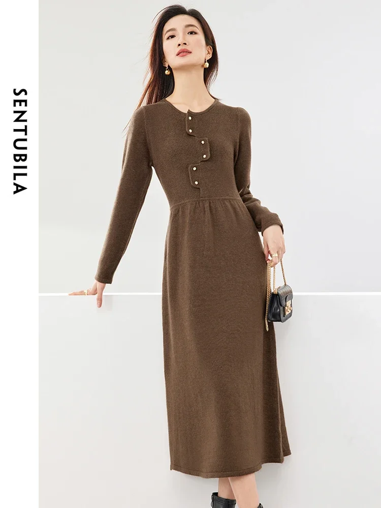 

SENTUBILA Women Coffee Midi Knitted Dress 2024 Woman Knitwear Long Sleeve Fitted Long Dreeses Female Autumn Clothing W34L52837