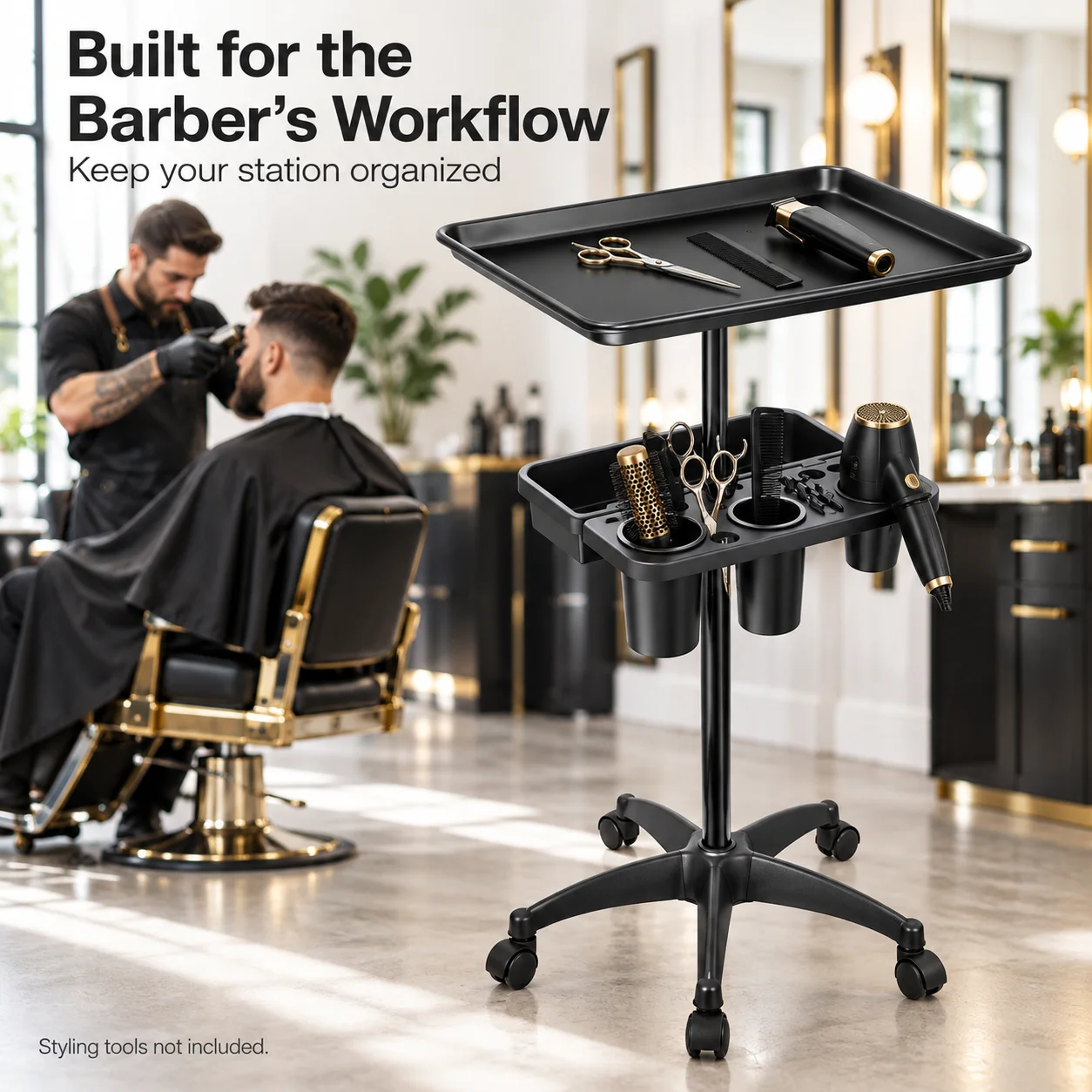 Metal Salon Tray Cart on Wheels, Mobile Trolley with Storage, Adjustable Height for Hairstylist, Tattoo & Spa Pros