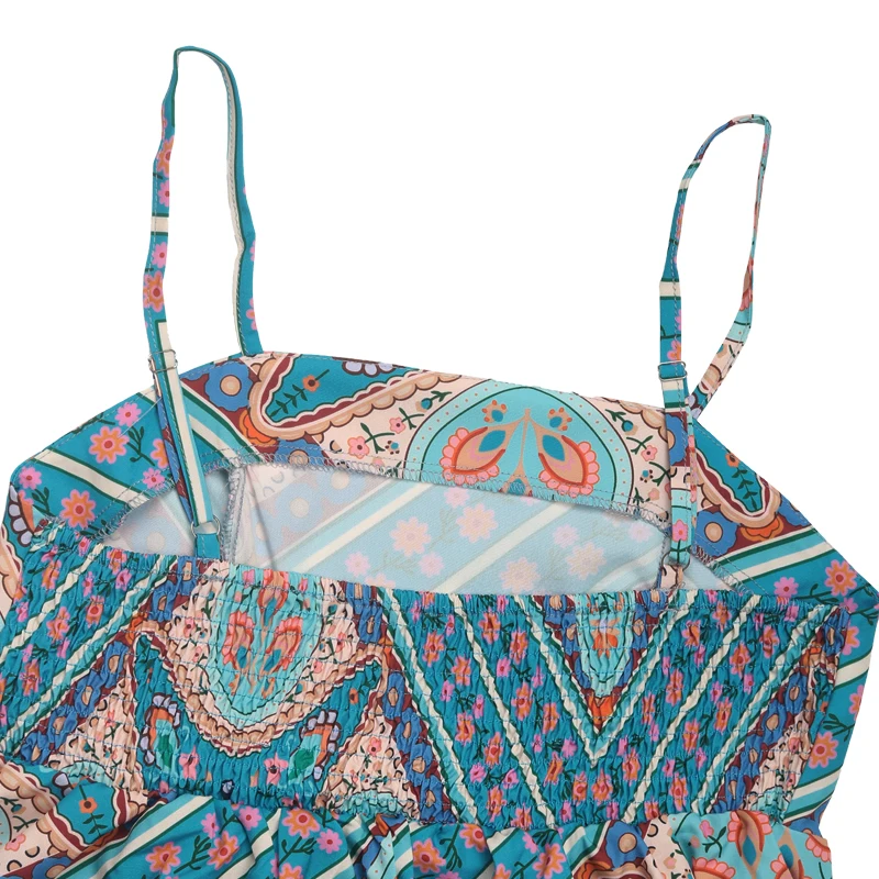Abito da donna Boho con stampa geometrica, cinturino per spaghetti, vita aderente, abito longuette fluido per le vacanze estive, feste casual in spiaggia