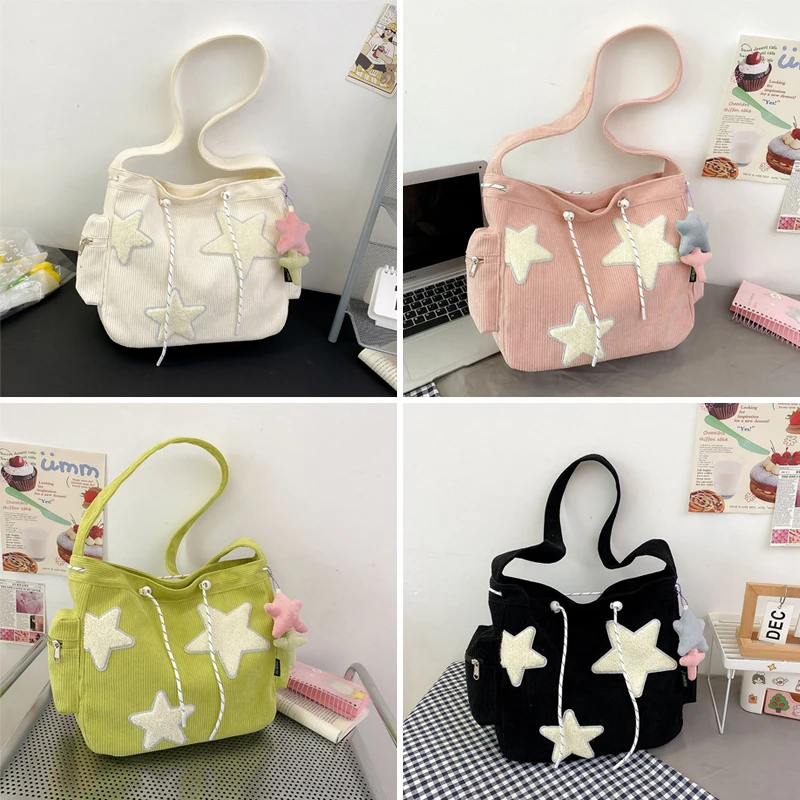 Large-Capacity Corduroy Commuter Student Cute Shoulder Crossbody Bag Five-Pointed Star Corduroy Tote Messenger Bag with Pendant