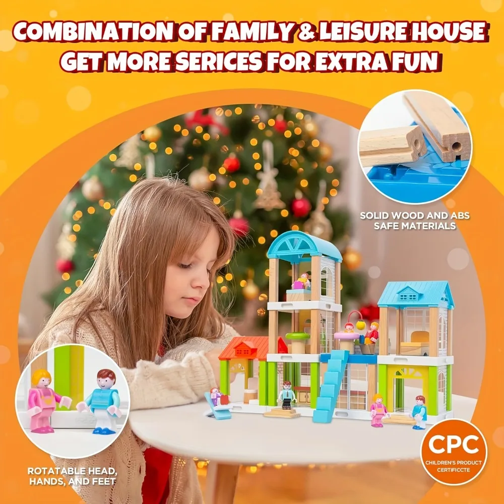 Wooden Dollhouse Furniture Set Outdoor Miniature Doll House School Accessories with Seesaw Pretend Play Toys Birthday Gift