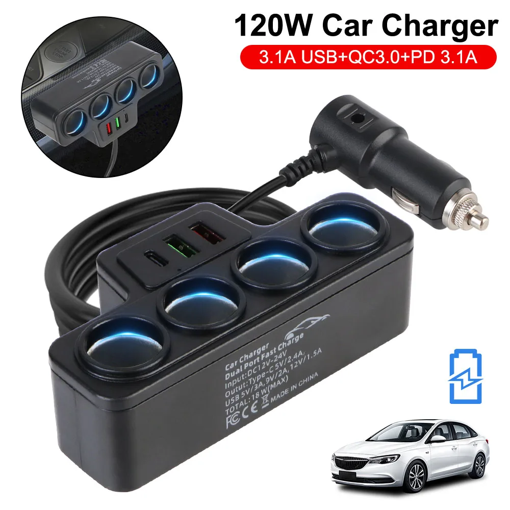 

QC3.0+PD3.1A Multifunctional Car Accessories 120W Car Charger Adapter 12V 24V Splitter USB Quick Charge For Phone IPad