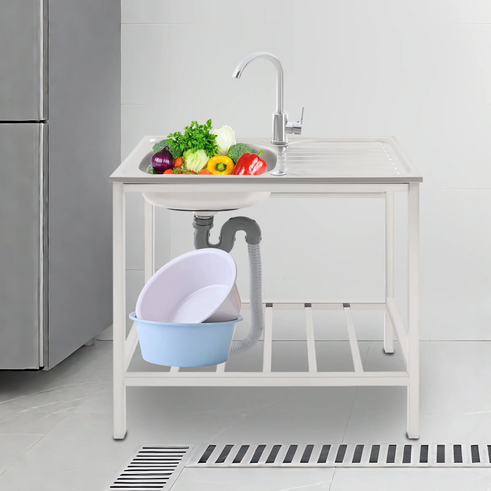 

Stainless Steel Commercial Sink, 40*75cm Kitchen Basin Single Bowl Sink with Faucet Freestanding Utility Sink For Restaurants
