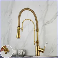 Golden Plated Kitchen Faucet Swivel Vessel Sink Faucet W/ Pull Down 2 Ways Spring Spray Nickel Brushed Washbasin Mixer Tap