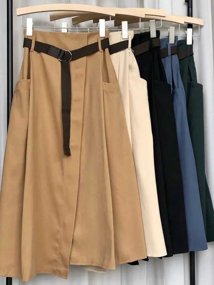 

Fashion Belt Women Skirt Causal High Waist A-Line Fashion Elegant Irregular Solid Color Streetwear Pleated Skirt Korean New