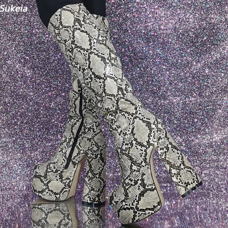 

Sukeia New Women Winter Knee Boots Snake Pattern Zipper Chunky Heels Round Toe Pretty Grey Club Shoes Ladies US Size 5-20