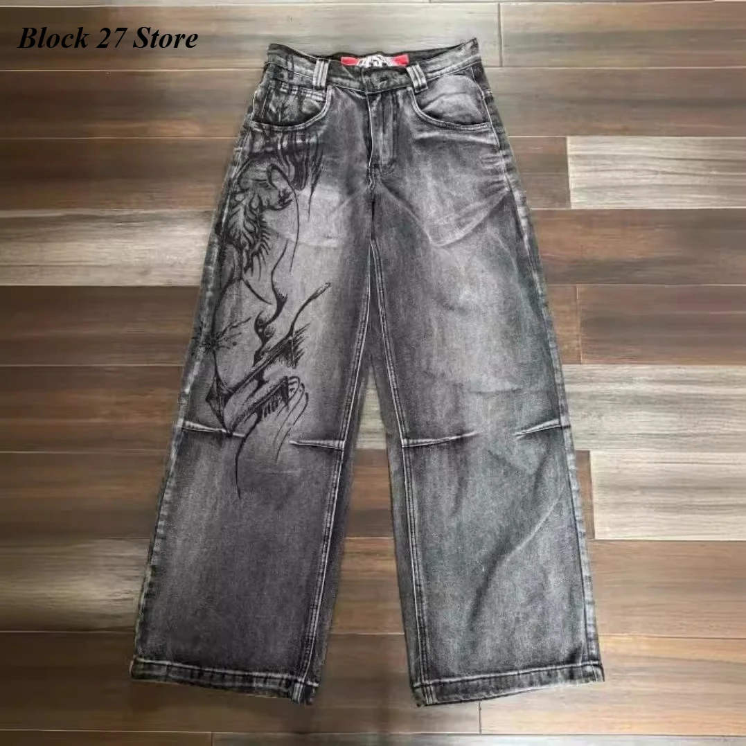 Mens Jeans Y2K Vintage Streetwear Black Gray Wide Leg Denim Pants Abstract Print Washed Distressed Loose Fit Dark Punk Fashion