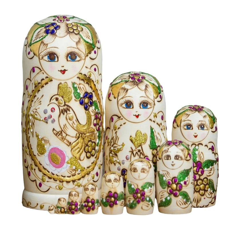 Traditional Russian Stacking Dolls 10 Pcs Vibrant Floral Girl Collectible Toy