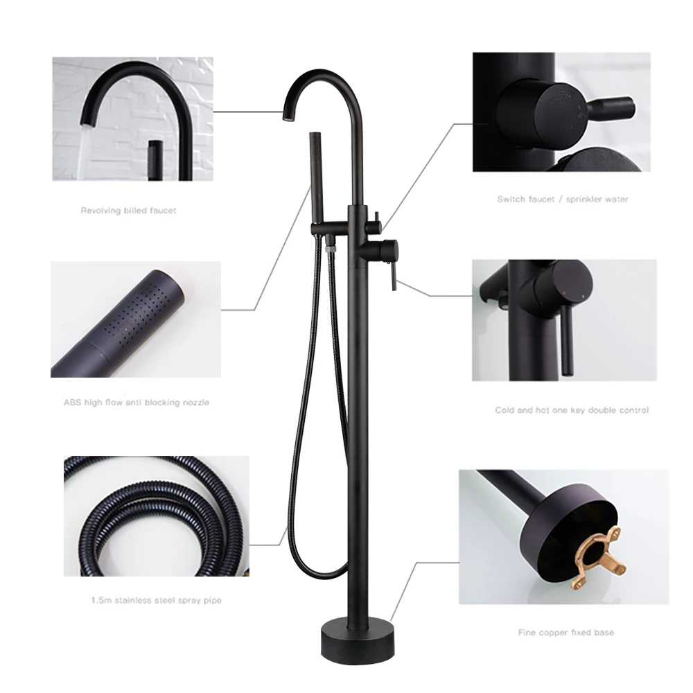 OUBONI Free Standing Bathtub Shower Faucet Solid Brass Black Shower Systerm Bathroom Bath 360 Swivel Bathtub Mixer Shower Set