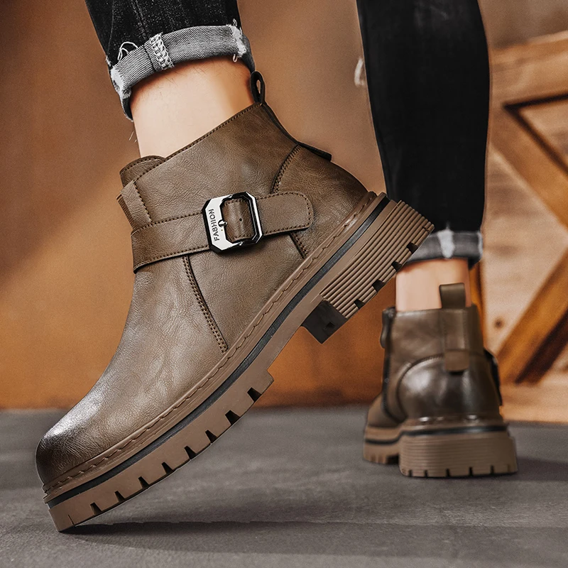 

High Quality Casual Leather Business Boots Men Flat Handmade Designer Shoes Fashion Outdoor Comfy High Top Walking Oxford Boots