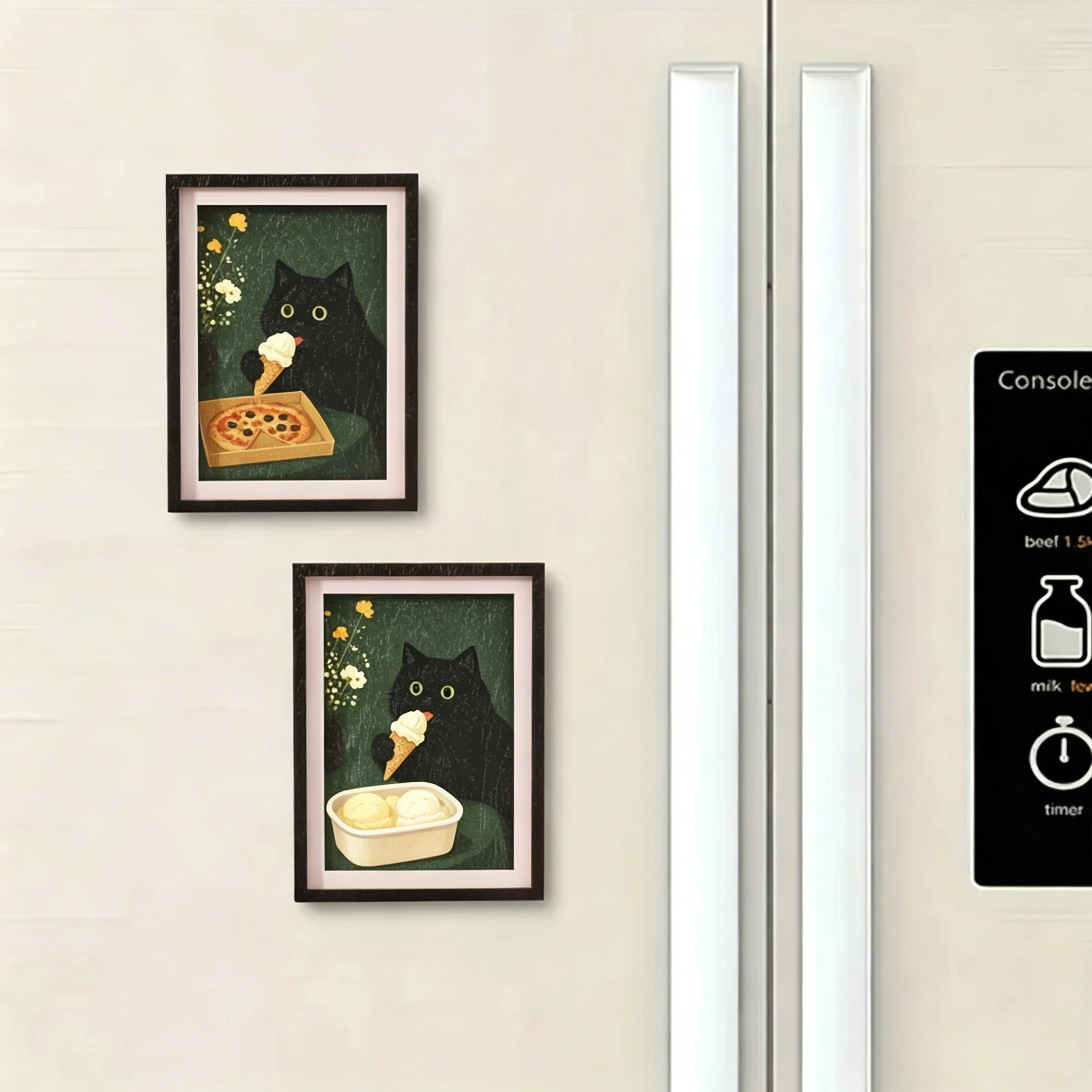 Holzgerahmter Kühlschrankmagnet, niedliche schwarze Katze, die Eiscreme isst, Vintage-Kunstdekoration für Küchenkühlschrank, Heimdekoration für Katzenliebhaber – Detail 6