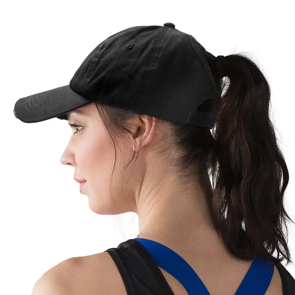 2023 New Fashion Unisex Distressed Ponytail Dad Hat for High Bun Classic Plain Cotton Baseball Caps with Ponytail Hole