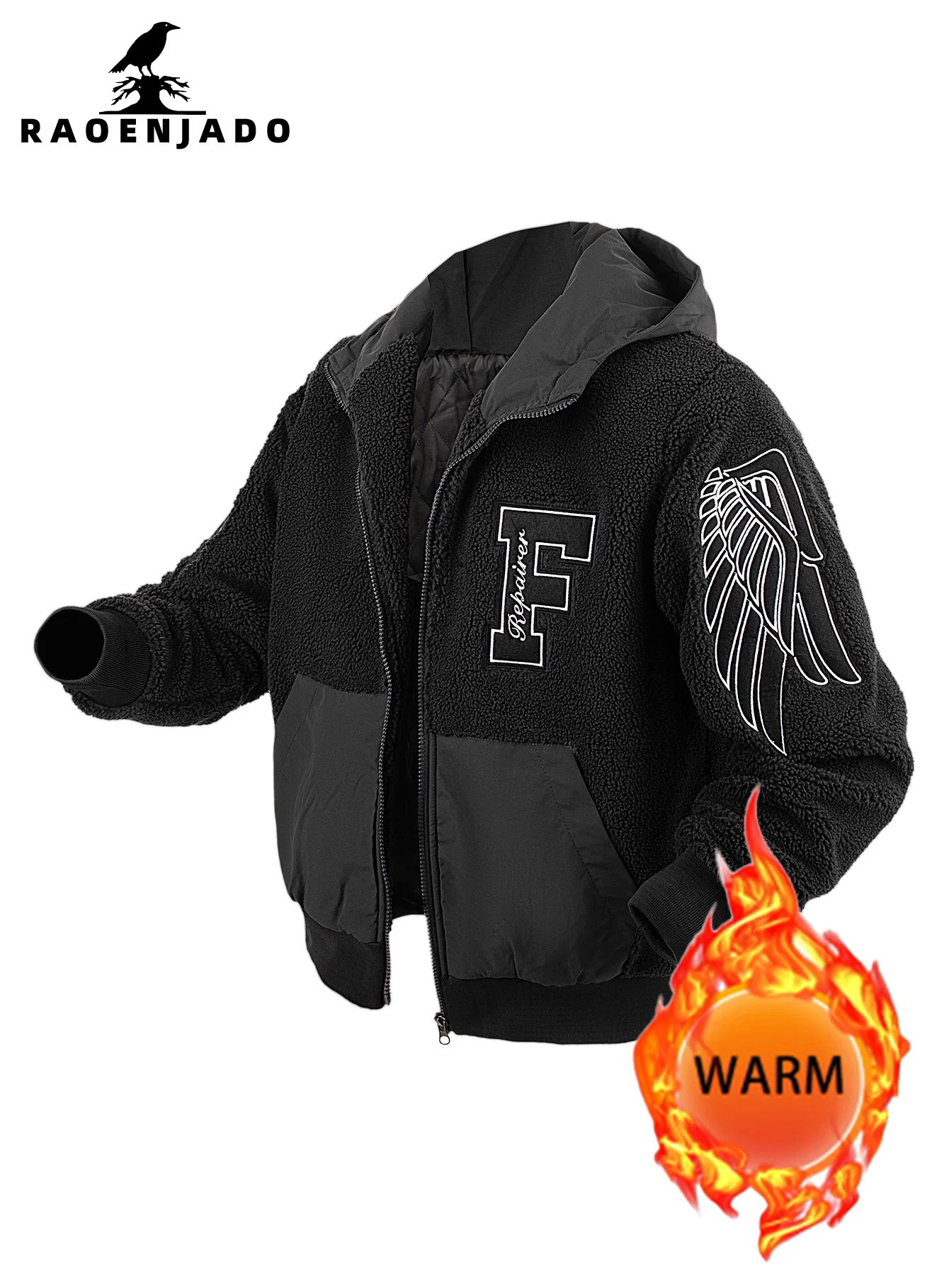 

Men's Fleece Hooded Zipper Jacket Thickened Warm Autumn & Winter Outerwear with Pockets Letter Embroidery Casual Loose Coat
