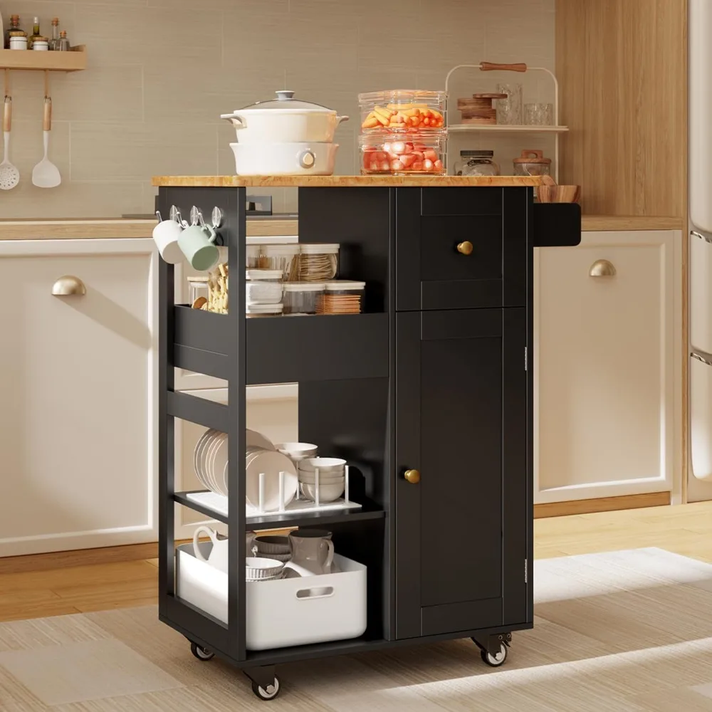 

Rolling Kitchen Island Cart with Wooden Top, Storage Drawers and Doors, Mobile Serving Utility Bar