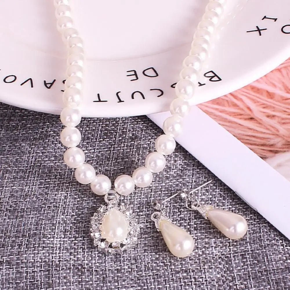 Water Drop Faux Pearl Beaded Rhinestone Bridal Necklace Earrings Jewelry Set Charms Gifts