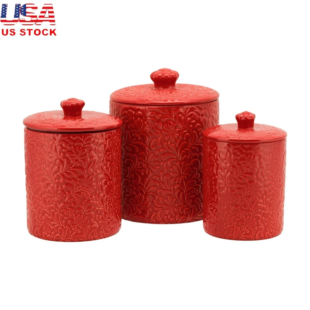 

Decorative 3 Piece Ceramic Canister Set with Embossed Texture Silicone Gasket Sealed Lids Kitchen Storage