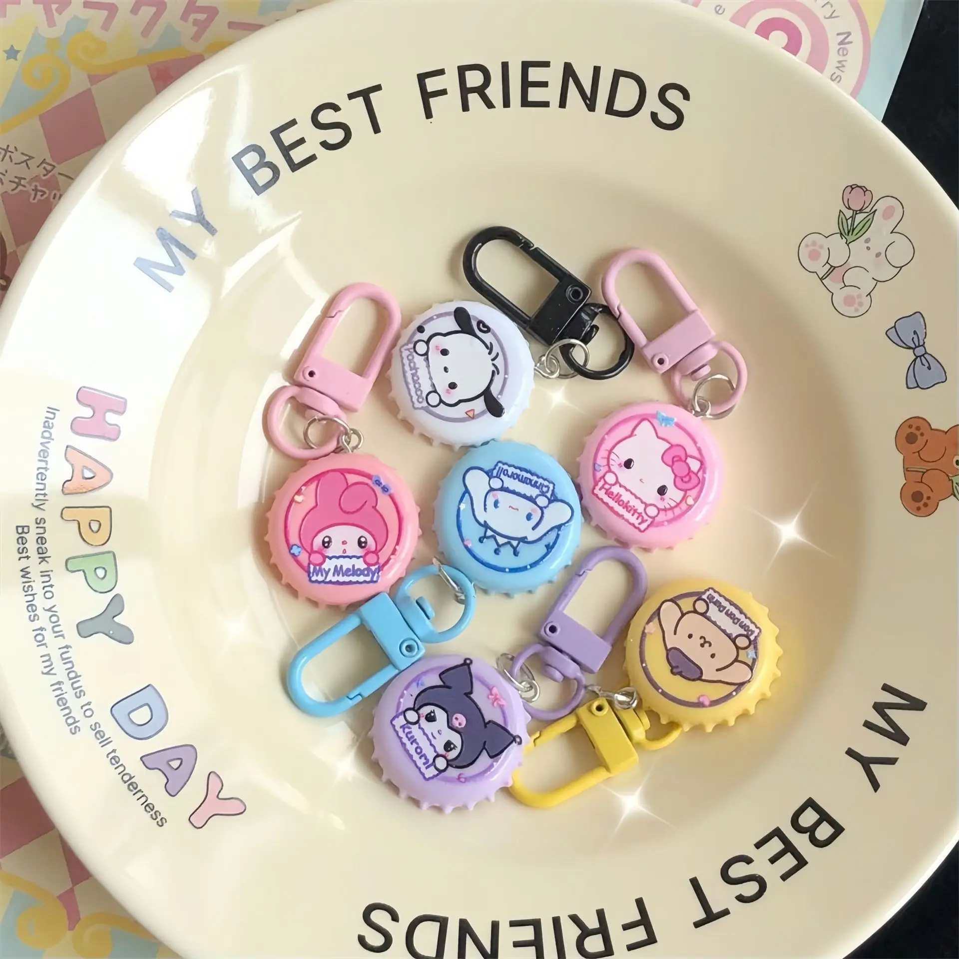 Kawaii sanrio olá kittty kuromi cinnamoroll minha melodia pochao criatividade garrafa chaveiro mochila pingente crianças presente de aniversário