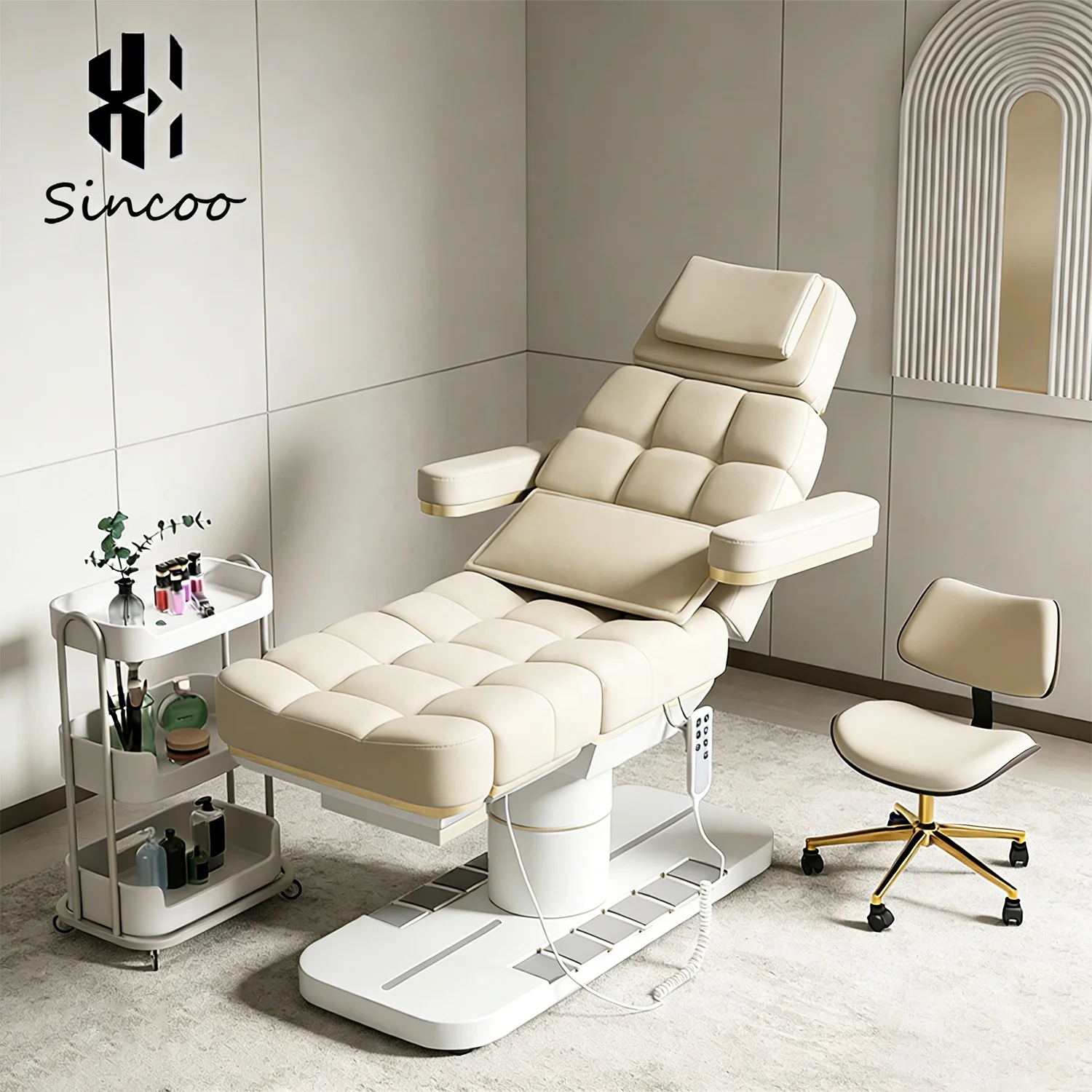 

Manufacturer Original Design Beauty Salon White Base Electric Spa Eyelash Massage Table 3 Motor Beauty Facial Bed