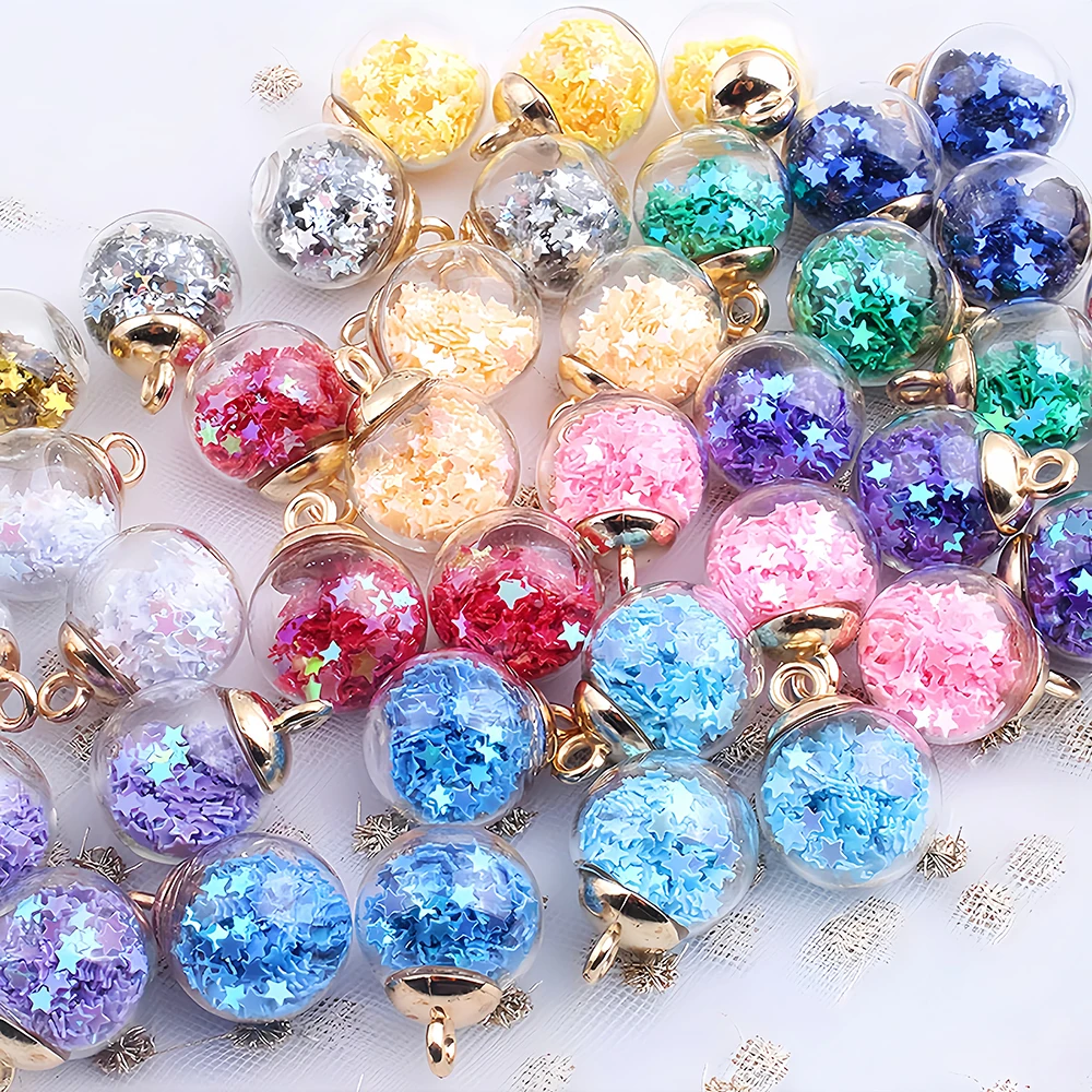 10Pcs Charms Star Sequins Transparent Glass Ball 16mm Pendants Crafts Making Findings Handmade Jewelry DIY for Earrings Necklace